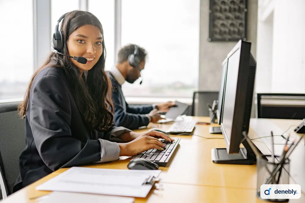 Agent handling customer requests at a desk in an AI chatbot vs AI agent comparison