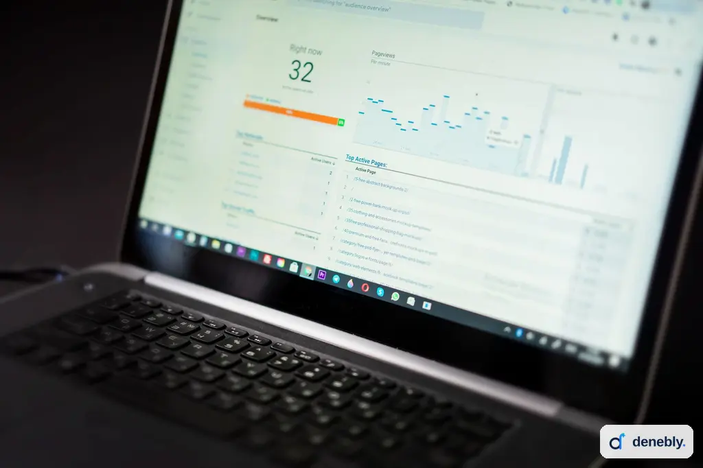 Laptop dashboard checked while a team prepares business data for AI